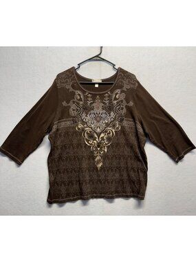 Dressbarn 3X Brown Tunic With Intricate Baroque Pattern & 3/4 Sleeves
